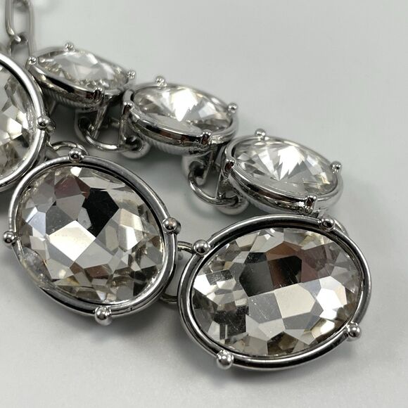 Silver Tone White Glass Rhinestone Collar Necklace Statement Bling Elegant - Picture 4 of 6